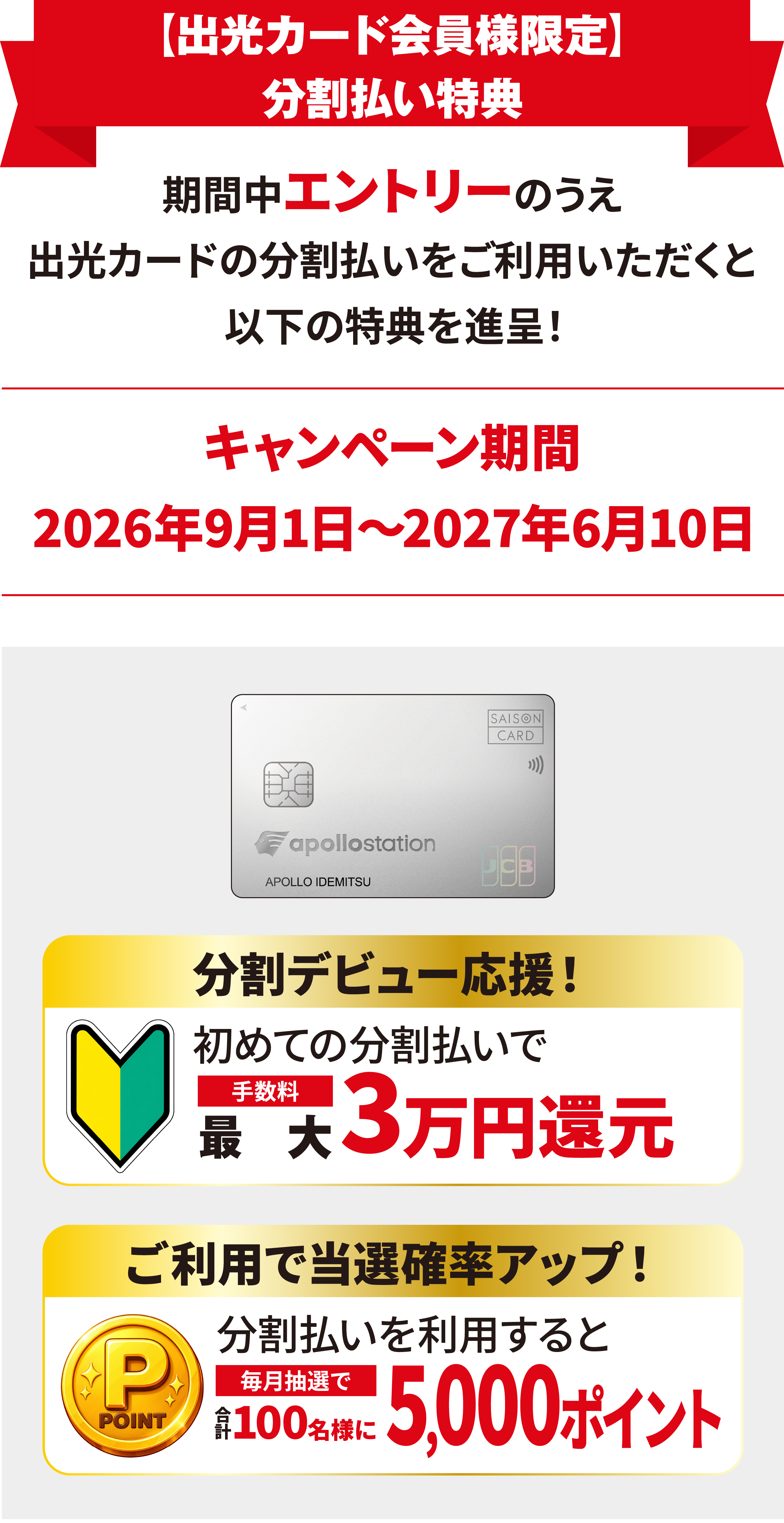 ご利用金額に応じた付与ポイント一覧（10,000〜29,999円で1,000pt、30,000〜49,999円で2,000pt、50,000〜79,999円で3,000pt、80,000〜99,999円で4,000pt、100,000円以上で5,000pt、さらに特賞10万ポイントがもらえるチャンス）